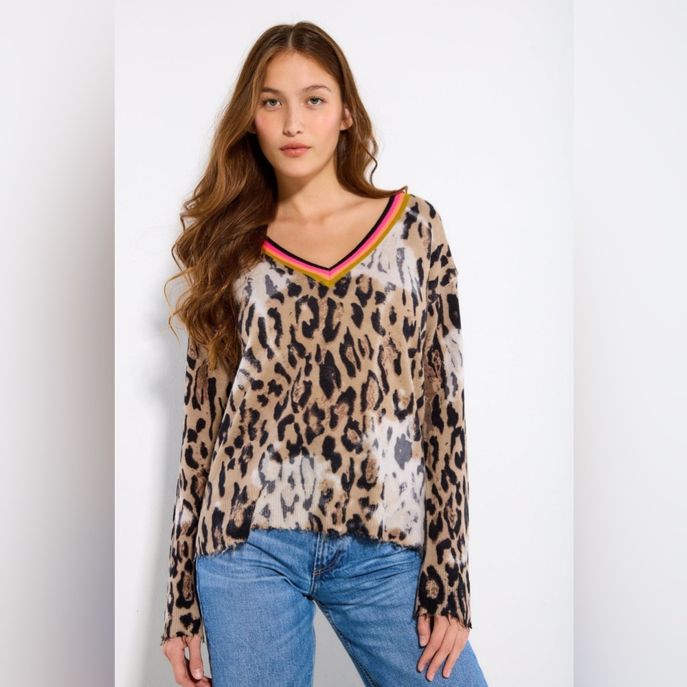 Lisa Todd wild side cheetah print brown cashmere wool sweater size small